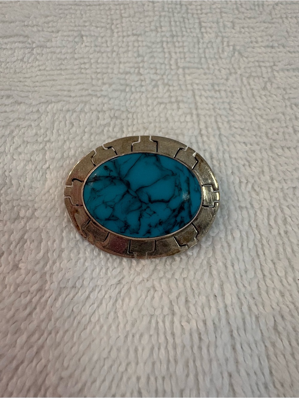 Turquoise Stone Oval Silver-Tone Brooch - Blue Accent